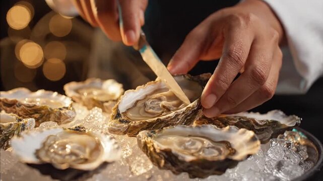 Chef shucking fresh oysters on a bed of ice, ready to be served as an appetizer or delicacy, seafood preparation, gourmet food