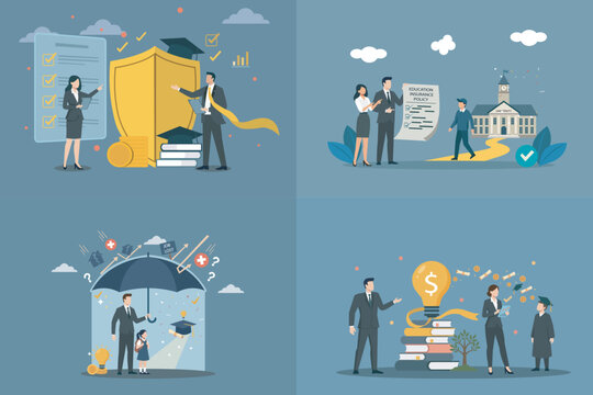 Education Insurance and College Savings Protection Concept Vector Set, Education Insurance and College Savings Concept Bundle