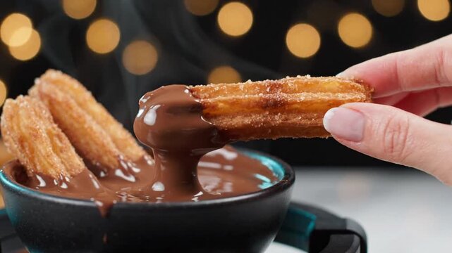 Churros dipped in chocolate sauce with bokeh lights, dessert, sweet snack, delicious food, holiday treat, party menu