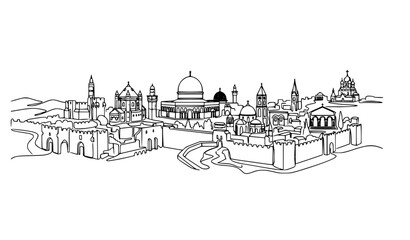 Obraz premium Jerusalem skyline panorama continuous one line vector illustration for travel poster and wall decor design