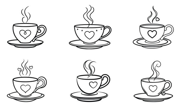 Line drawing of teacups with heart shaped details on a white background a set of six illustrations teacup cups tea