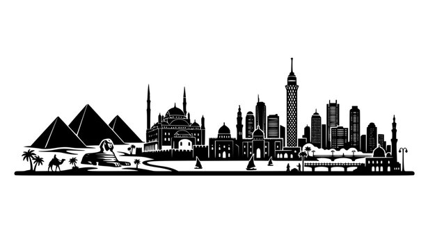 Egypt skyline black silhouette vector illustration with famous landmarks for travel tourism and business design