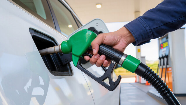 Man Hand Refueling Car with Petrol Pump at Gas Station