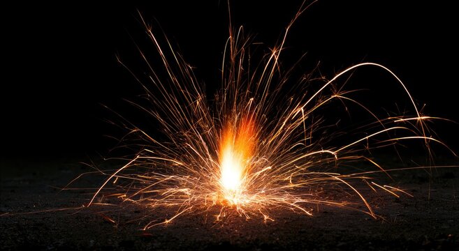 Bright sparks erupt from a burning fuse, creating a fiery spectacle in darkness