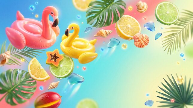Floating tropical objects create a vibrant summer scene in gradient blue.
