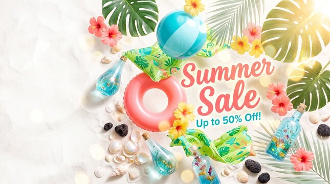 Tropical Summer Sale Flat Lay Display With Floating Flora and Beach Accents