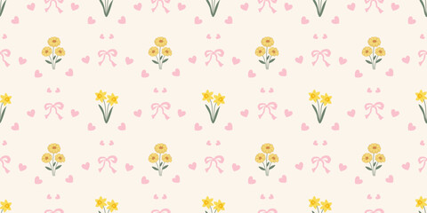 Fototapeta premium Coquette floral trellis seamless pattern with bows and ribbons. Preppy spring summer hand drawn flowers. Botanical elegant trendy. Vintage design for fabric, wallpaper, decor, background, paper