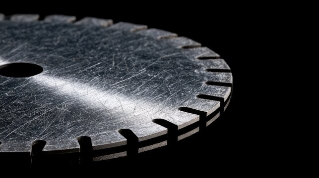 Close-up of a sharp, serrated metal cutting disc against a dark background