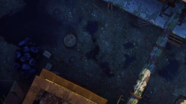 A view of a city street at night shows trash scattered around. Shadows are cast from nearby structures. The ground reflects some light from street lamps.