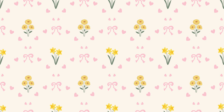Coquette floral trellis seamless pattern with bows and ribbons. Preppy spring summer hand drawn flowers. Botanical elegant trendy. Vintage design for fabric, wallpaper, decor, background, paper