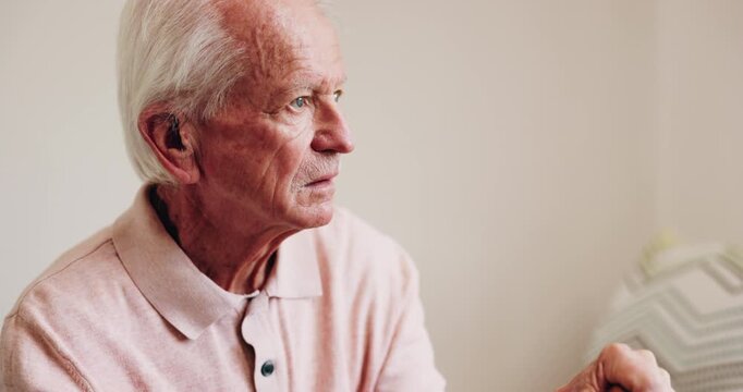 Mental health, thinking or old man in house with walking stick, introspection or nostalgia in mindset. Reflection, space or senior person with disability, perspective or flashback in retirement.