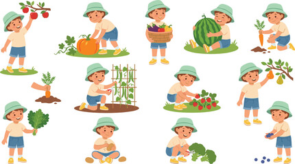 Fototapeta premium Cute Kids Gardening and Harvest Collection with Children Growing Fruits and Vegetables Cartoon Vector Illustration