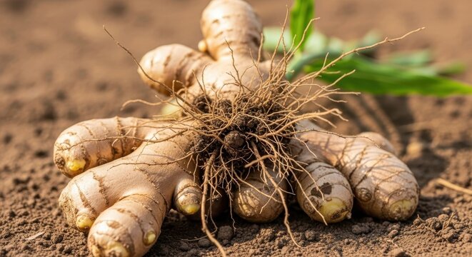 Freshly Harvested Ginger Roots Showing Fibrous Texture in Rich Soil