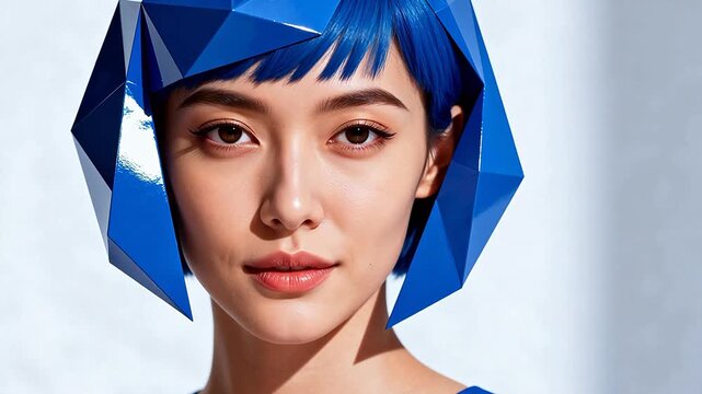 Woman with blue geometric headpiece