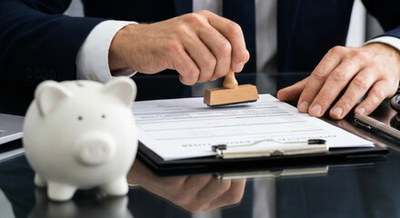Businessman hand using wooden stamp on contract document near white piggy bank. Concept of loan...