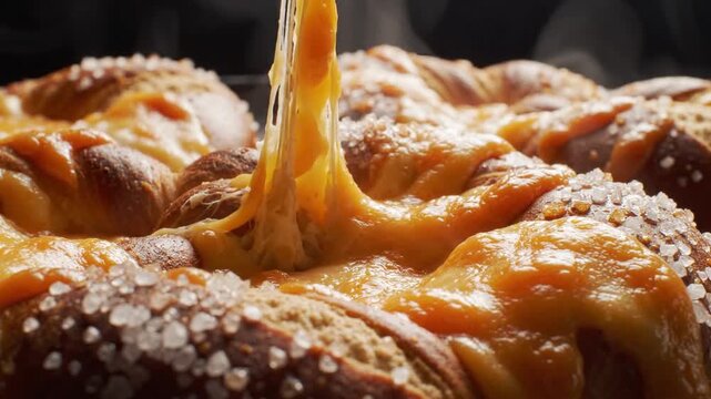 Close-up of hot, freshly baked pretzel bread with melted cheese being pulled, savory snack, comfort food