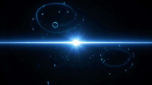 Cinematic binary data background glow digital horizon flare light line abstract matrix code technology virtual space future sci fi energy beam minimal universe science fiction cosmos design
