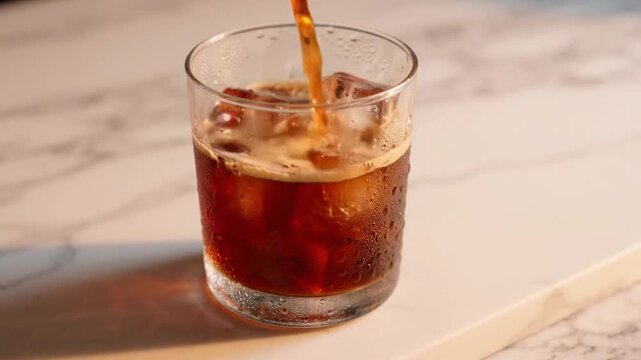 Close up pouring cold brew coffee into a glass full of ice on a marble table, refreshing summer drink, espresso