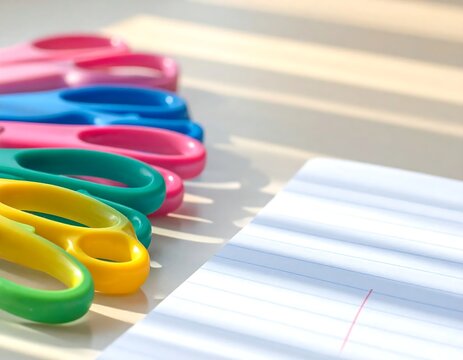 Colorful Scissors Lying on a White Surface Next to Lined Paper.