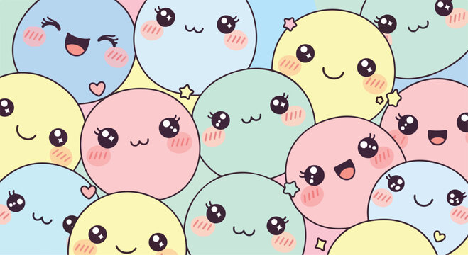 Kawaii pastel circle characters background, cute japanese style emoji pattern vector, colorful smiling round face wallpaper for kids