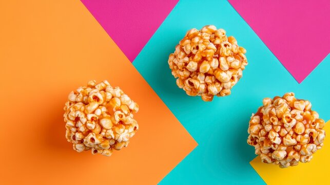 Three caramel popcorn balls on colorful background.