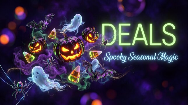 Floating Halloween magic objects drift through a deep, supernatural purple void.