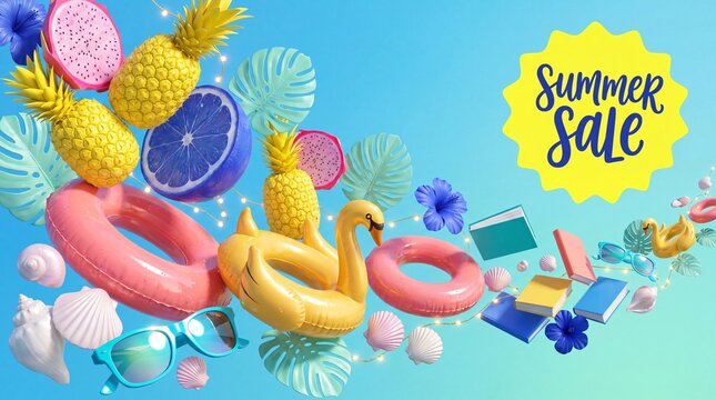 Floating summer objects with vibrant tropical colors and fun decor.