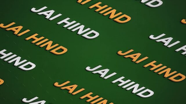 Jai Hind text pattern, vibrant 3D typography with golden and white colors on seamless green background, cinematic panning shot, representing Indian patriotism and national pride