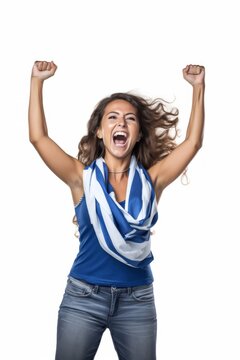 A uruguayan woman shouting portrait white background.