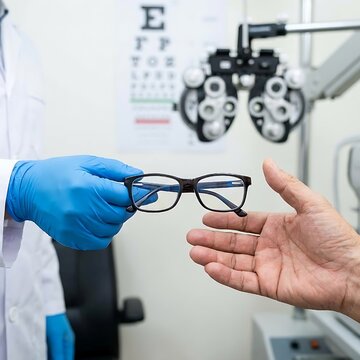 Optometrist wearing blue gloves handing glasses to patient in an optometry examination room