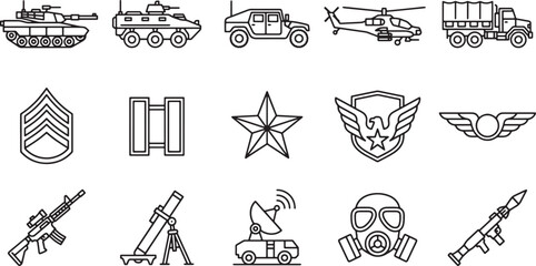 Fototapeta premium Military equipment and rank insignia line icon set featuring vehicles weapons and tactical gear vector illustration