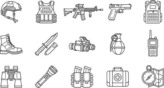 Military equipment icon set featuring tactical gear weapons and survival tools in a clean line art style