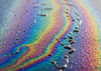 Obraz premium Colorful rainbow oil spill sheen swirling on wet asphalt showing iridescent pollution on a road surface