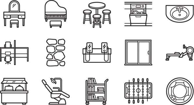 Set of diverse household furniture and equipment line icons for interior design and home improvement projects