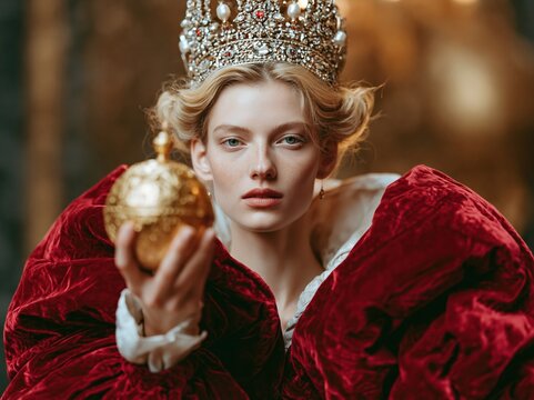 Regal woman in crown and red velvet holding golden orb