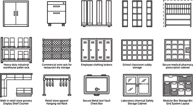 Set of industrial and commercial storage furniture icons featuring shelving units lockers and cabinets in vector style