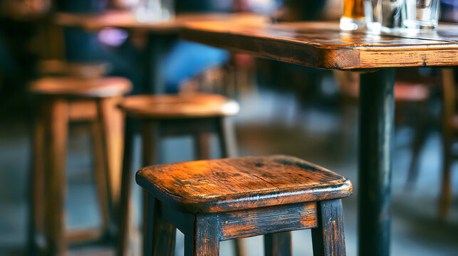 Weathered rustic wooden bar stool in a vintage pub or restaurant interior