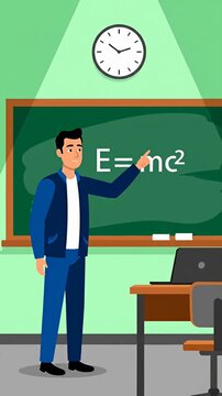 Male professor teaching physics in a classroom illustration.