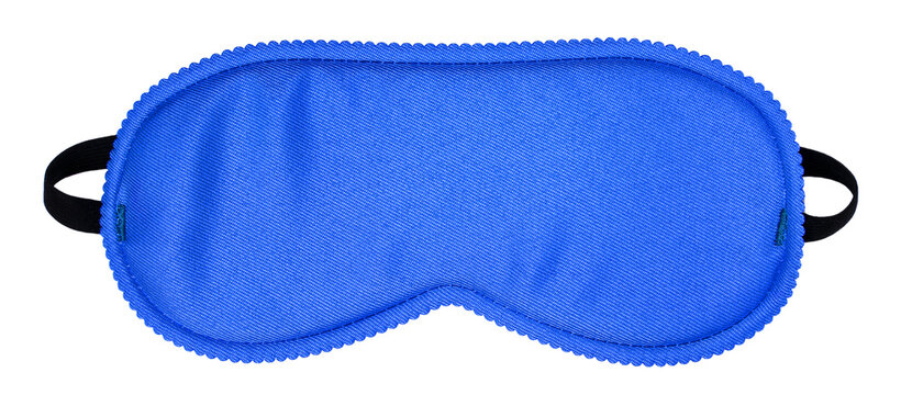 Blue fabric sleep mask with elastic strap, isolated on transparent cutout background