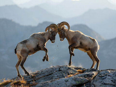 Bighorn sheep rams butting heads on mountain peak rocky outcrop wildlife nature