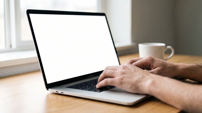 Hands typing on macbook laptop. Person using computer. Remote work professional.