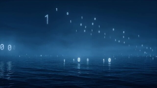Cinematic binary data background over dark ocean water and sea horizon night sky with glowing digital code drifting blue fog and mist creating mysterious futuristic technology seascape atmosphere