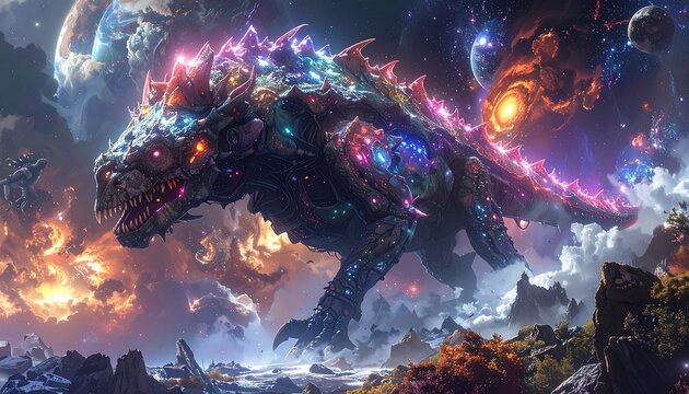 Cosmic serpent dragon floats amidst nebulae, planets, and fantastical scenery
