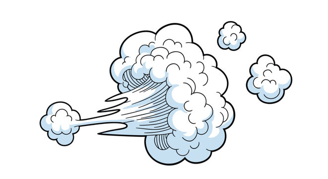 Cartoon style illustration of a powerful gust of wind or grey smoke cloud blowing swiftly across a clean white space.
