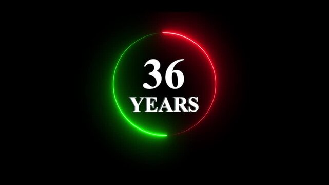 36 years anniversary neon glowing circle motion birthday celebration countdown, digital event intro, glowing red and green light ring on black background