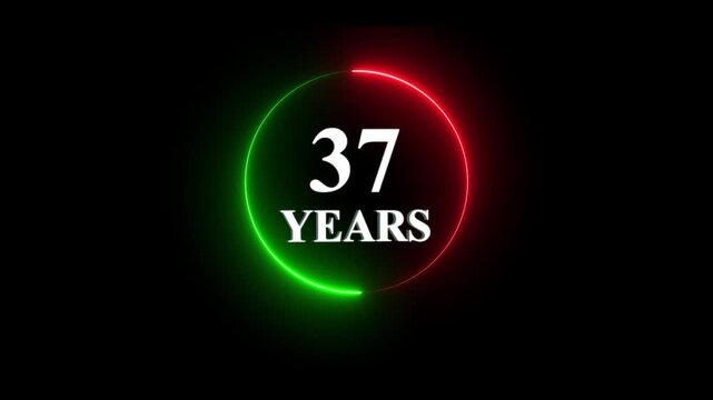37 years anniversary celebration neon glowing circle motion with 3 d typography on black background birthday