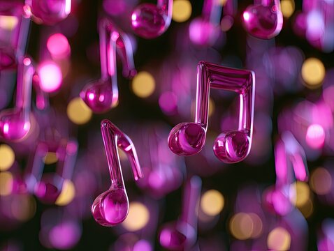 Glossy pink musical notes float against a bokeh background