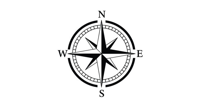 Black and white classic windrose navigation compass icon isolated on white background indicating cardinal directions.