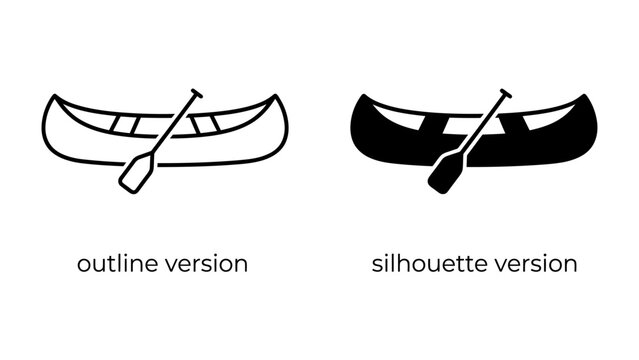 Canoe Outline and Silhouette: Two stylized depictions of a canoe with a paddle, one as a clean outline and the other as a solid silhouette, representing simplicity and graphic representation.