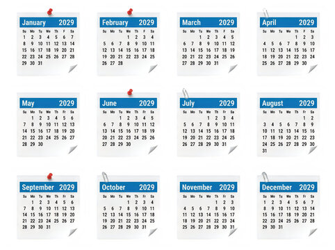 Twelve monthly calendars for year 2029 on white background transparent background